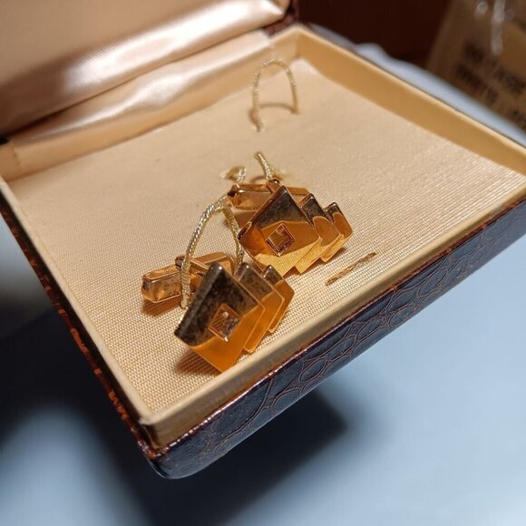 Vintage Swank Gold-Tone Cufflinks Set Original Brown Faux Leather Case - Picture 4 of 5